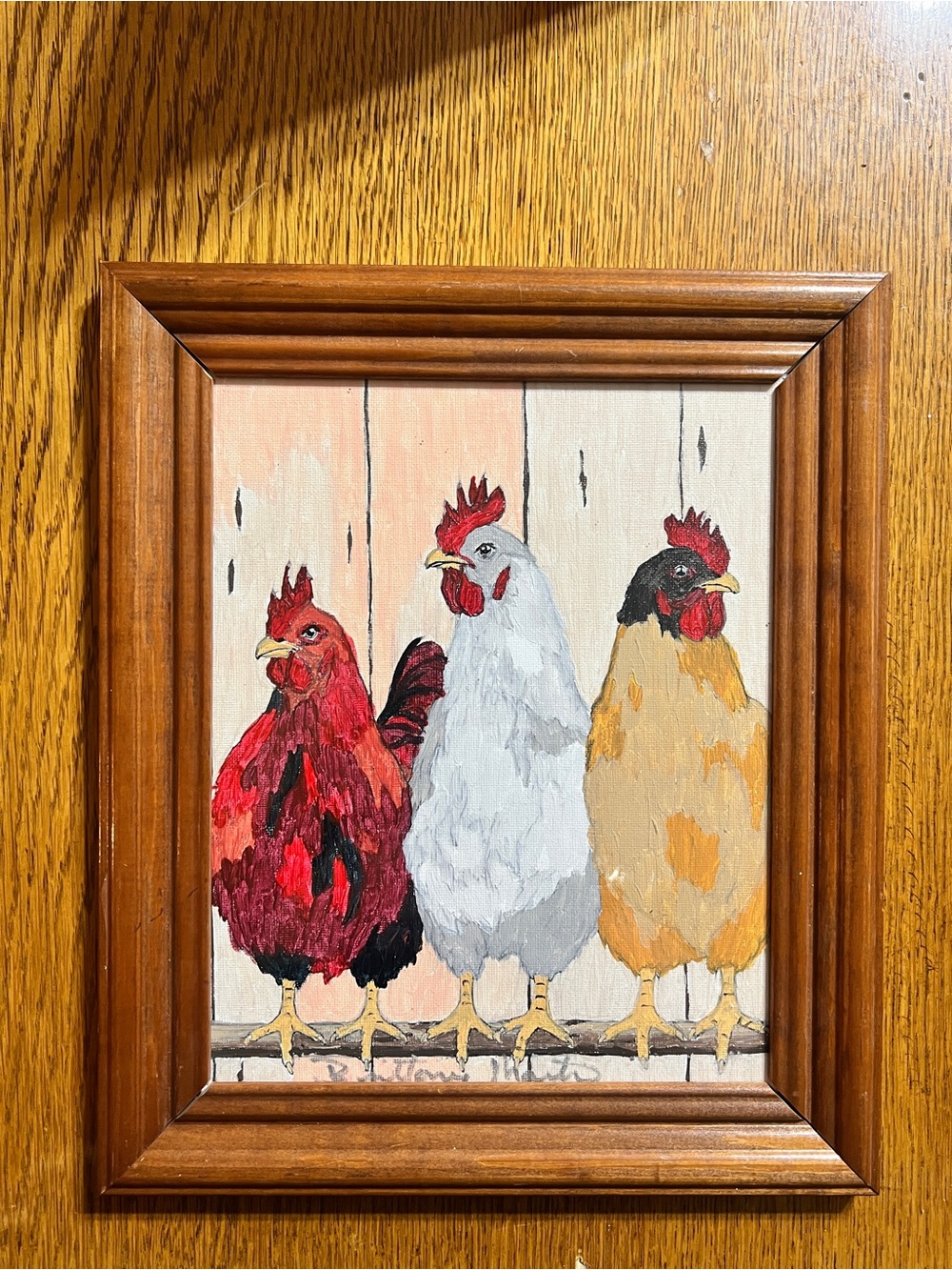 Framed Red, White, Tan Chickens Original Brittony Martin Painting